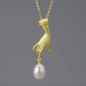 Artisan Handmade 925 Silver & Gold Hand & Pearl Necklace